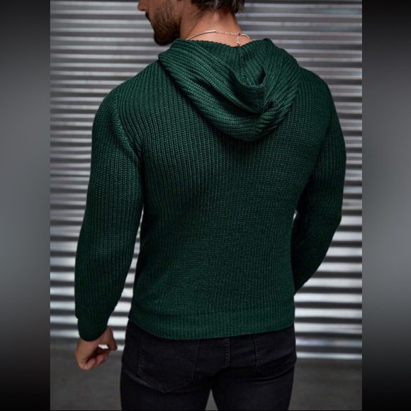 Dark Green Cable Knit Drawstring Hooded Sweater - Picture 3 of 5